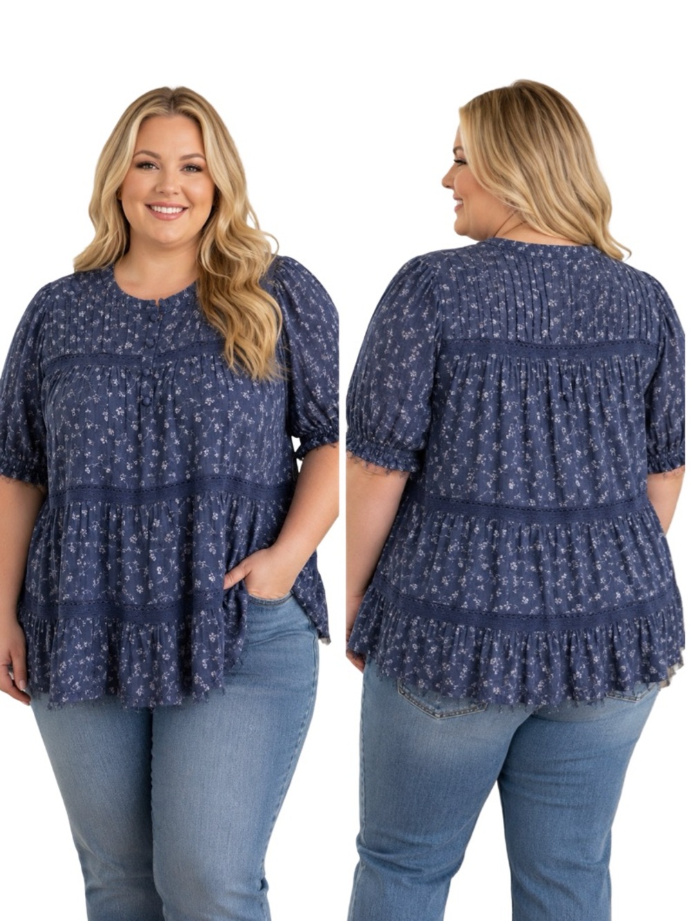 Plus Floral Tiered Peasant Top - Navy